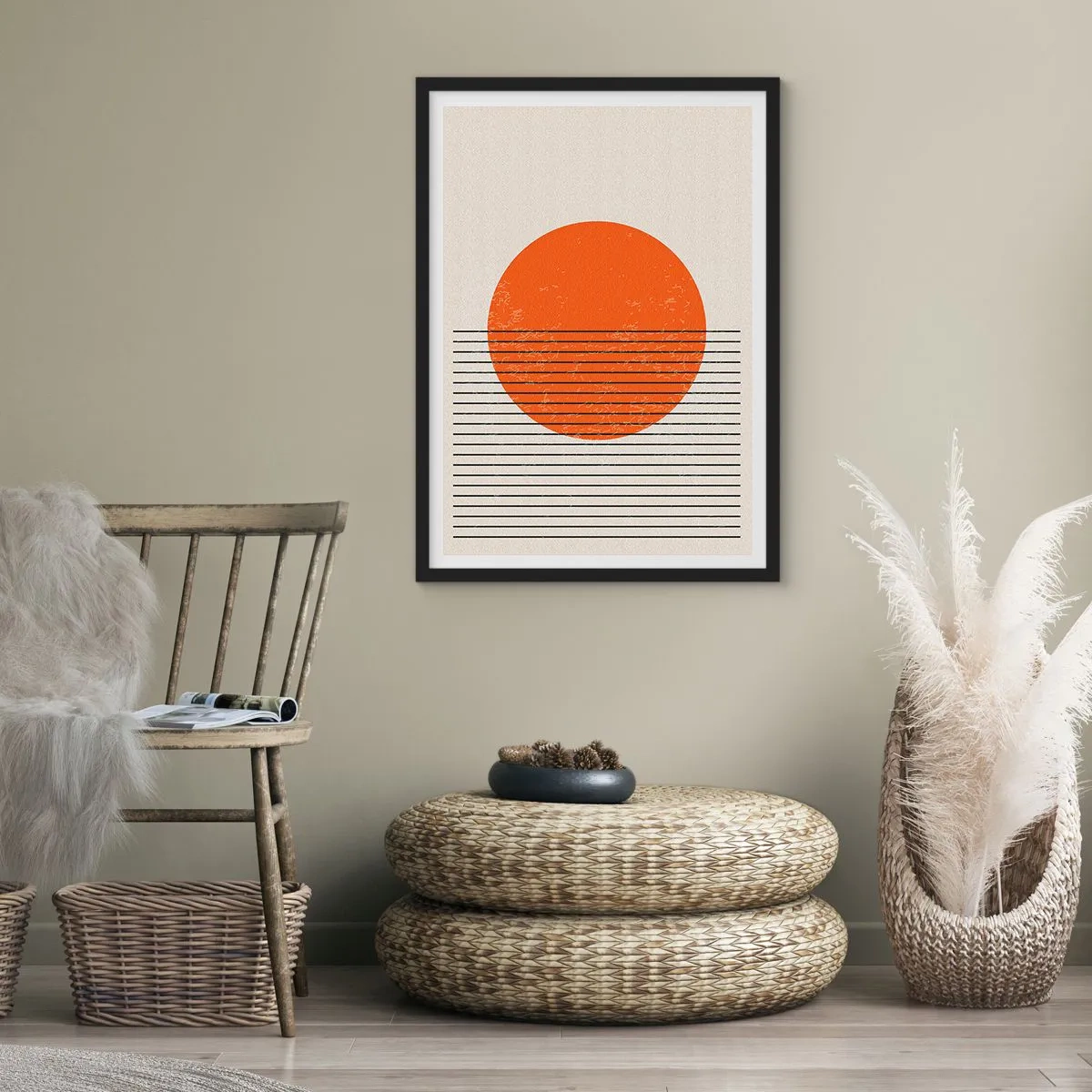 Affisch i svart ram - En minimalistisk solnedgång i geometrisk form - 50x70cm - Alltid solen - Modern väggdekoration för vardagsrum och sovrum ARTTOR