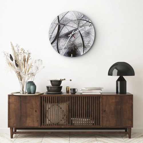 Väggklocka - Klocka på glas - Svartvit abstraktion med dynamiska linjer och fläckar - 30x30cm - Futuristisk fantasi - Modern väggdekoration för vardagsrum, kök och sovrum ARTTOR