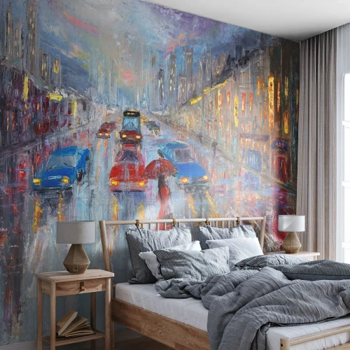 Självhäftande Fototapet Deluxe Sticker - Regnig eftermiddag i staden - Stad, Arkitektur, Gå i regnet - 500x350 cm