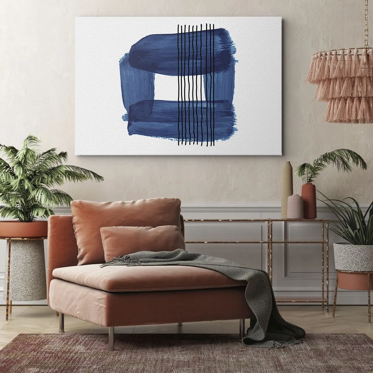 Canvastavla - Bild på duk - Abstrakt mönster i blå nyanser med svarta linjer - 70x50cm - Svart-blå komposition - Modern väggdekoration för vardagsrum och sovrum ARTTOR