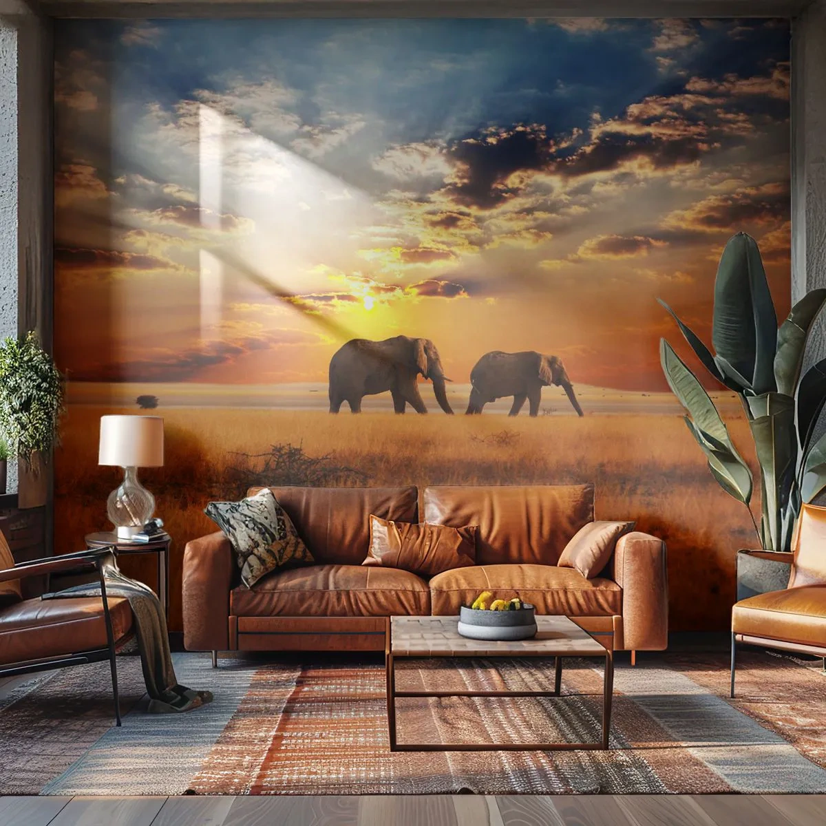 Fototapet Premium Sand - Familjepromenad - Djur, Afrika, Elefant - 100x70 cm