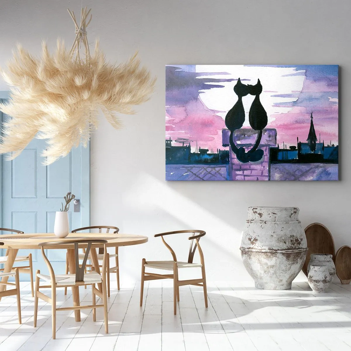 Canvastavla - Bild på duk - Svarta katter på ett tak i månskenet i en akvarellmiljö - 70x50cm - Rendez-vous under månen - Modern väggdekoration för vardagsrum och sovrum ARTTOR