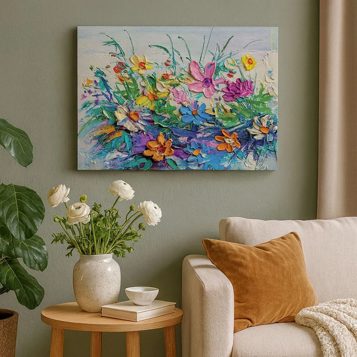 Canvastavla - Bild på duk - En färgglad blombukett målad med impastotekniken - 70x50cm - Icke stilleben - Modern väggdekoration för vardagsrum och sovrum ARTTOR