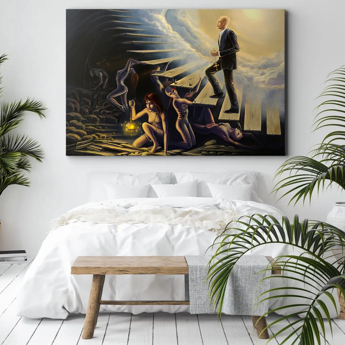 Canvastavla - Bild på duk - En symbolisk scen av vägen till ljuset genom en förfallen trappa - 70x50cm - Danteisk vandring mot ljuset  - Modern väggdekoration för vardagsrum och sovrum ARTTOR
