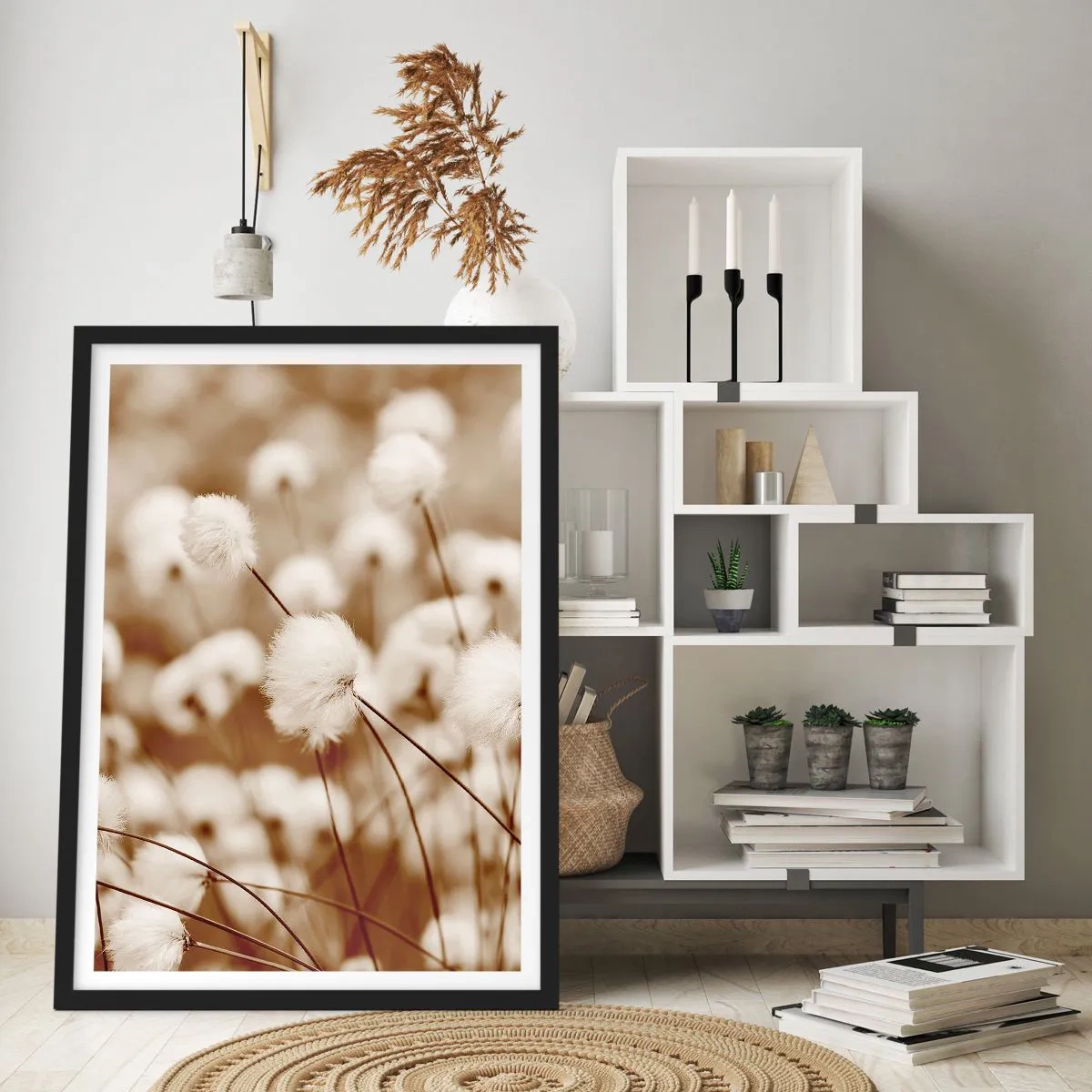 Affisch i svart ram - Fluffiga grässtrån i en delikat bild - 50x70cm - Fluffig åkermark - Modern väggdekoration för vardagsrum och sovrum ARTTOR