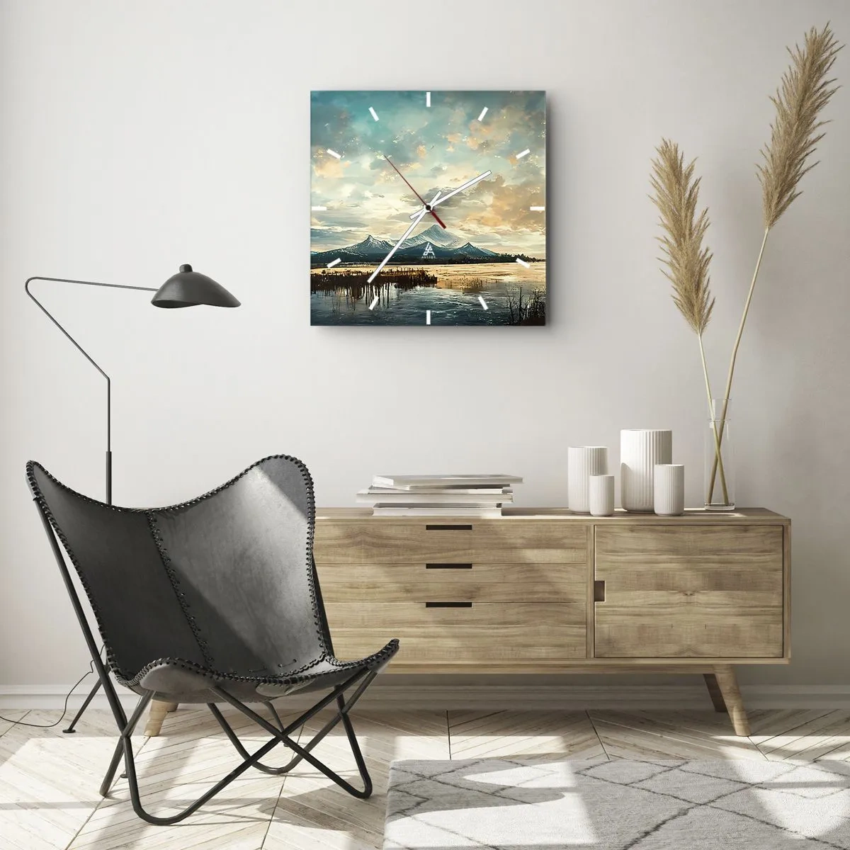 Väggklocka - Klocka på glas - Under himlens skydd - 40x40 cm