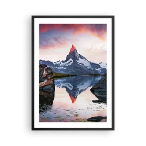 Affisch i svart ram - Ett berg reflekterat i en sjö vid solnedgången - 50x70cm - Bergens hjärta är hett - Modern väggdekoration för vardagsrum och sovrum ARTTOR