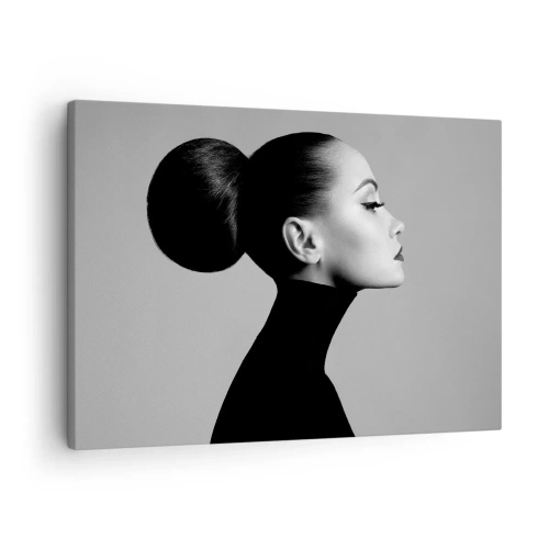 Canvastavla - Bild på duk - Profil av en kvinna i svartvitt med en elegant knut - 70x50cm - Samtida Nefretete - Modern väggdekoration för vardagsrum och sovrum ARTTOR
