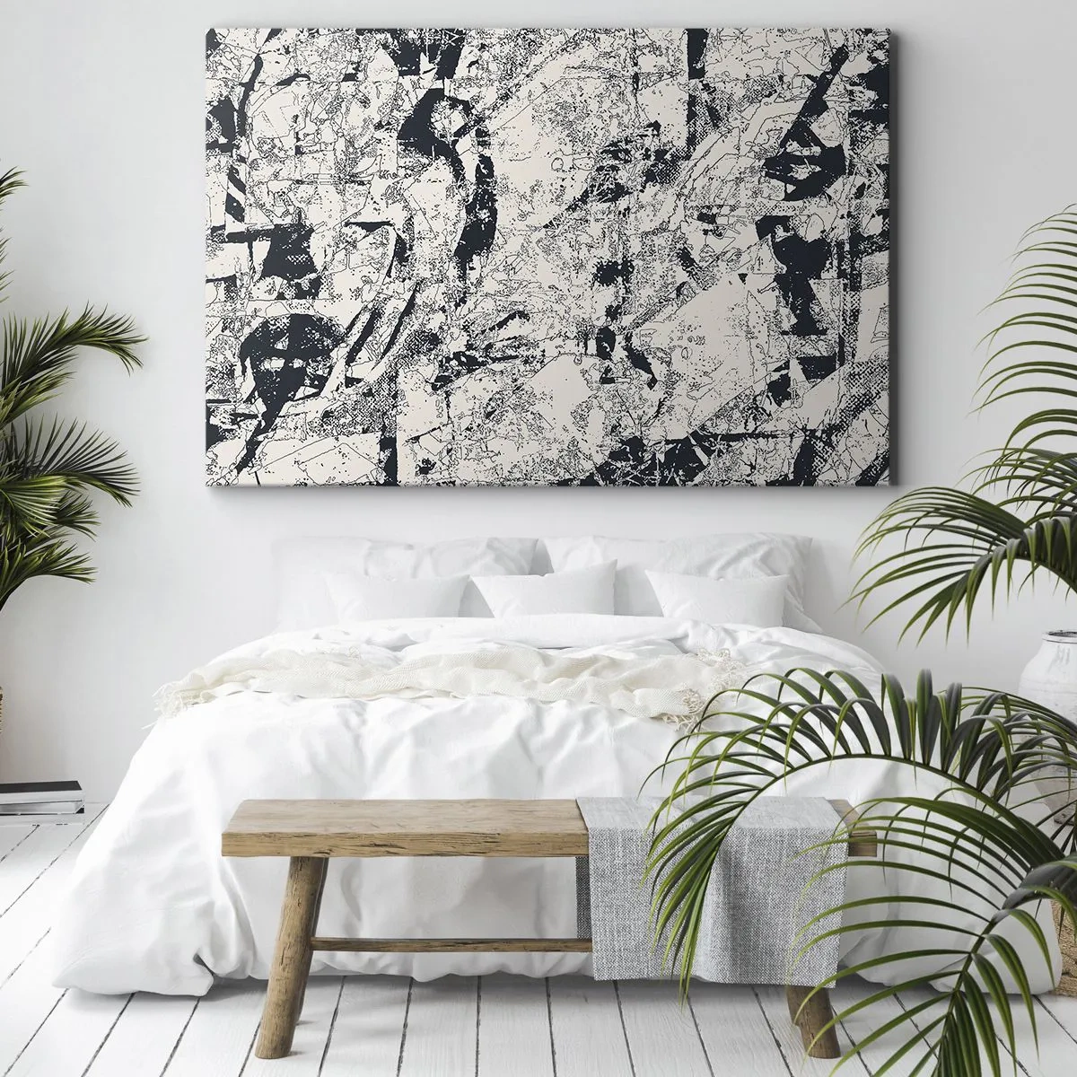 Canvastavla - Bild på duk - Abstrakt komposition i svartvitt med dynamisk layout - 70x50cm - Motsatsernas interpenetration - Modern väggdekoration för vardagsrum och sovrum ARTTOR