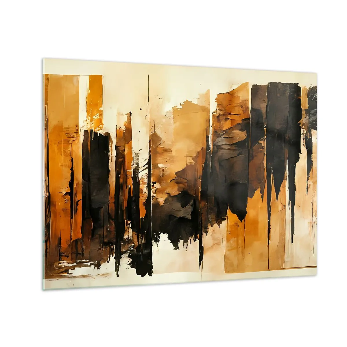 Glastavla - Bild på glas - Gyllenbrun abstraktion med vertikala strukturer - 70x50cm - Harmoni av svart och guld - Modern väggdekoration för vardagsrum och sovrum ARTTOR