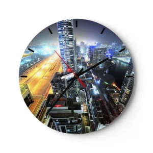 Väggklocka - Klocka på glas - Nattpanorama över staden med skyskrapor och gatubelysning - 30x30cm - Underverk på öknen - Modern väggdekoration för vardagsrum, kök och sovrum ARTTOR