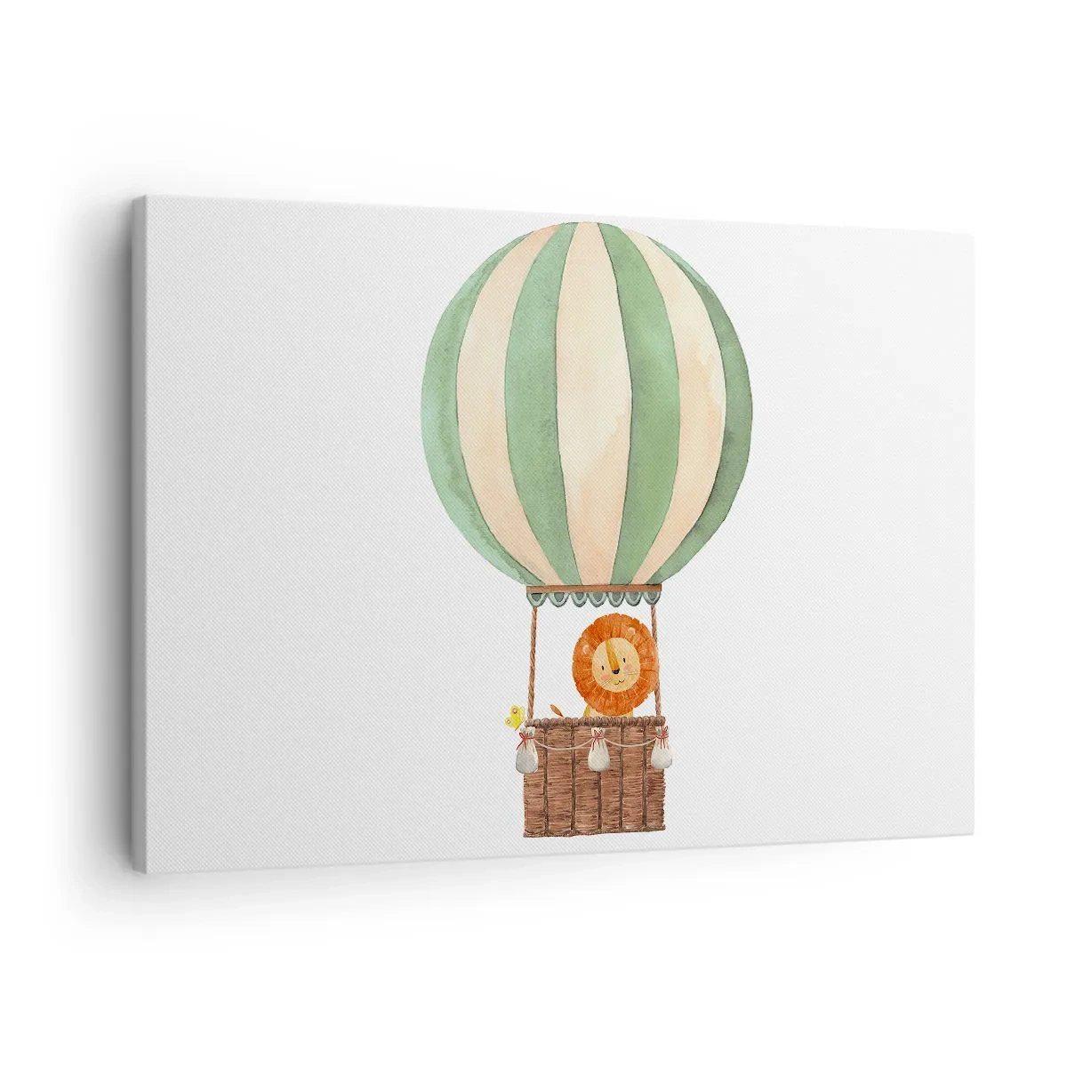 Canvastavla - Bild på duk - En ballong med ett leende lejon i en pastellfärgad korg - 70x50cm - Leons resor - Modern väggdekoration för vardagsrum och sovrum ARTTOR