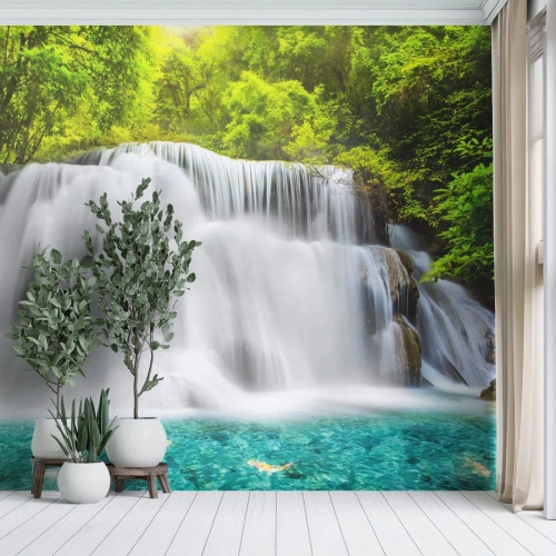 Fototapet Premium Canvas - Skummande kaskad från grönt till azur - Landskap, Vattenfall, nationalpark - 150x105 cm