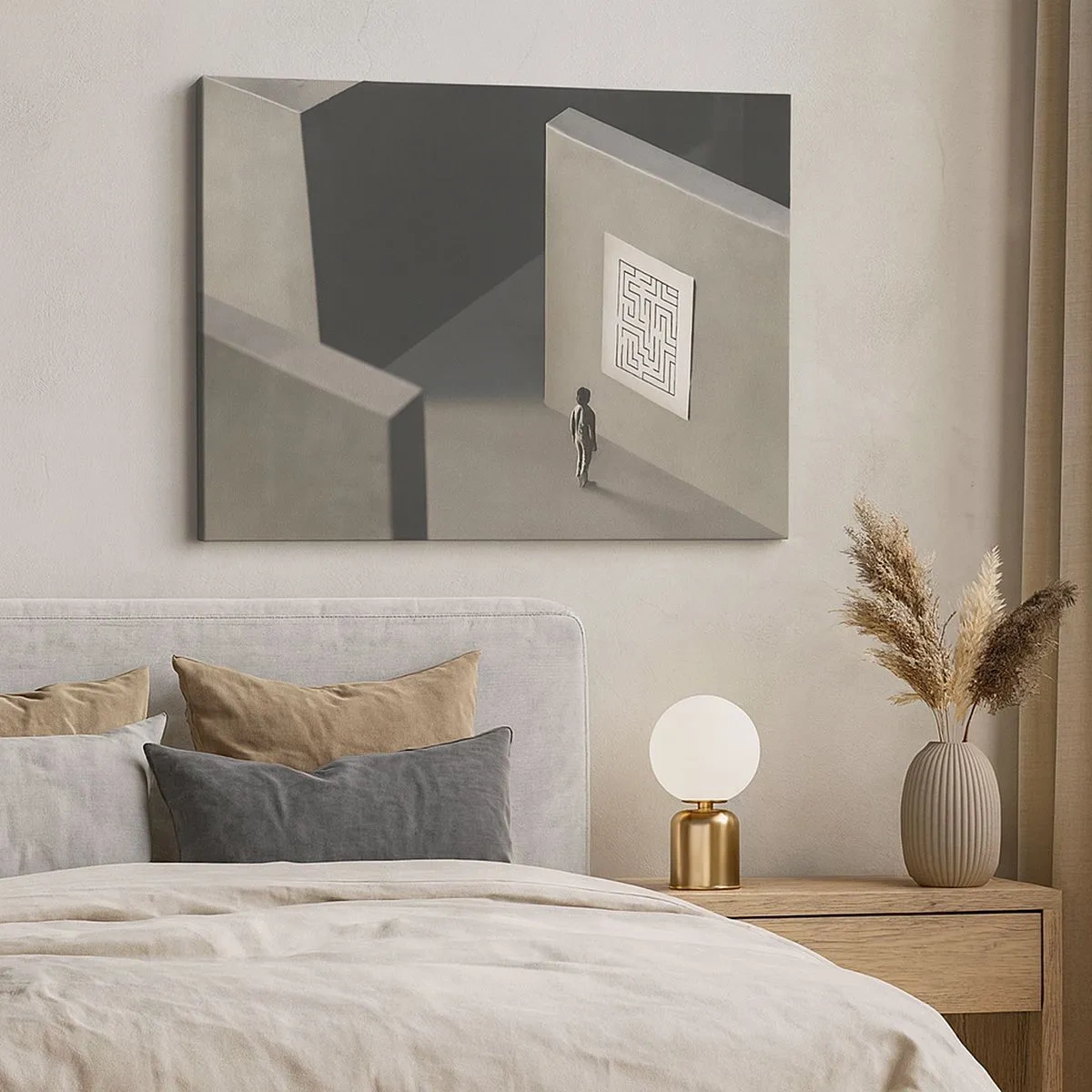 Canvastavla - Bild på duk - En figur i en labyrint som tittar på en hängande karta - 70x50cm - Men var är jag? - Modern väggdekoration för vardagsrum och sovrum ARTTOR