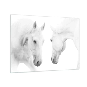 Glastavla - Bild på glas - Två vita hästar mitt emot varandra mot en ljus bakgrund - 70x50cm - Är det vänskap…? - Modern väggdekoration för vardagsrum och sovrum ARTTOR