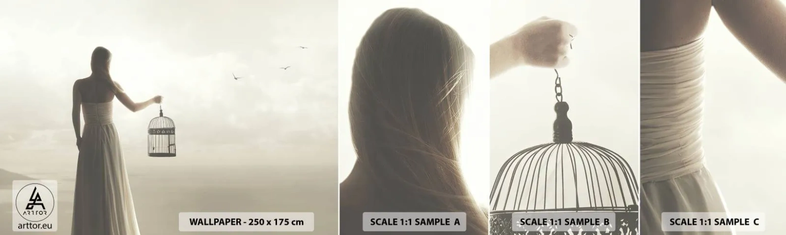 Fototapet Prov Standard Eco - Var fri - Kvinna, Fågelbur, Fågel - 100x30 cm