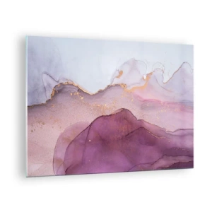 Glastavla - Bild på glas - Abstrakta vågor i nyanser av lila med guldfärgade accenter - 70x50cm - Lila och violett vågor - Modern väggdekoration för vardagsrum och sovrum ARTTOR