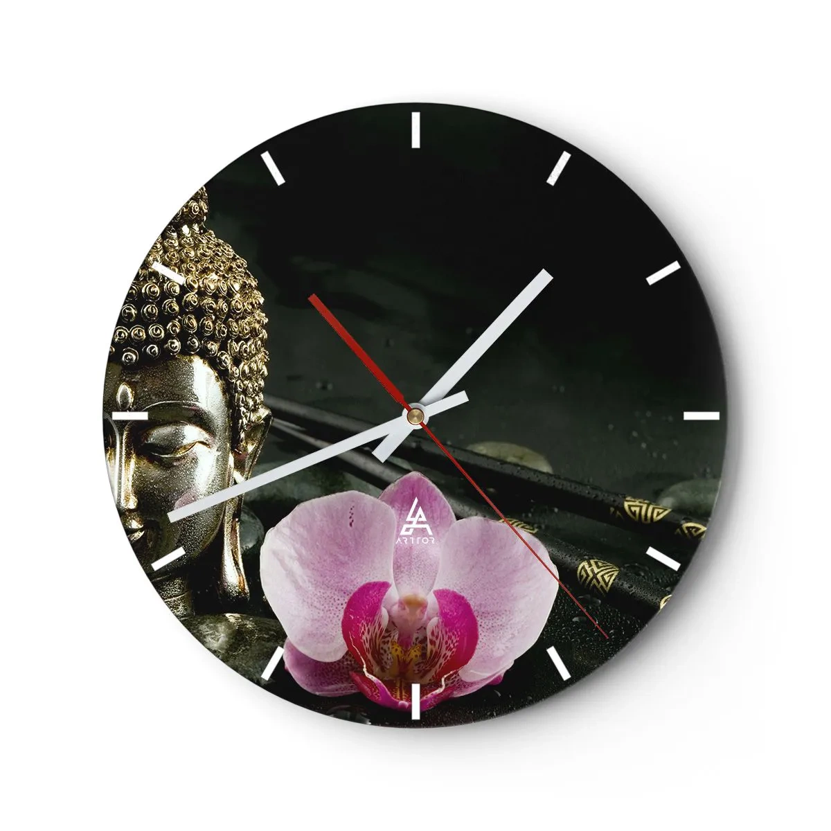 Väggklocka - Klocka på glas - Buddhafigur med en orkidé i orientalisk stil - 30x30cm - Visshetens och skönhetens harmoni - Modern väggdekoration för vardagsrum, kök och sovrum ARTTOR