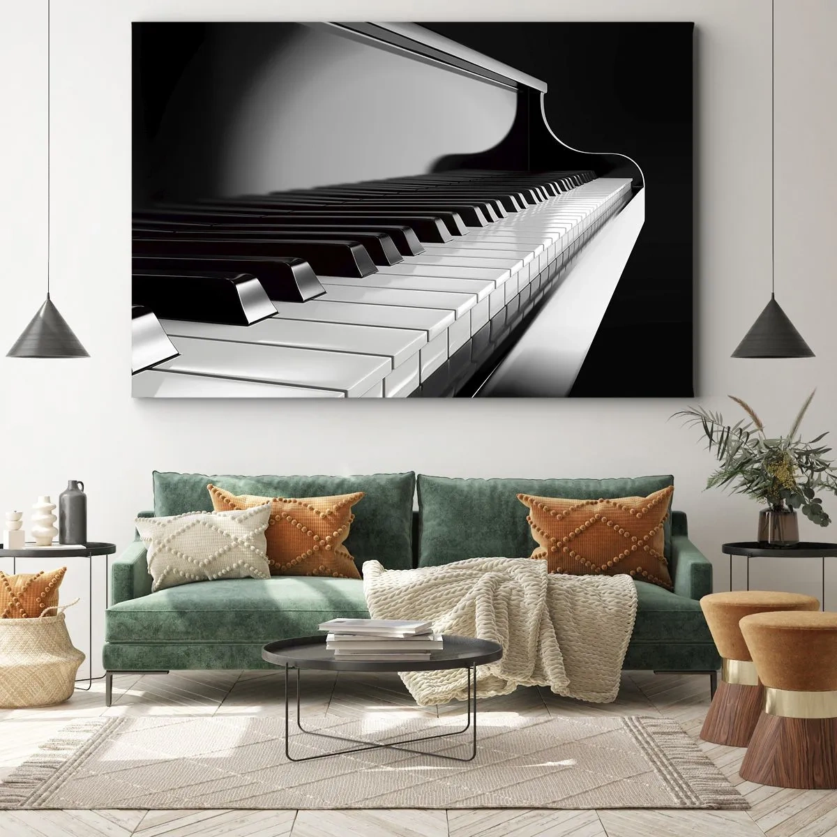 Canvastavla - Bild på duk - Pianotangenter i en elegant svartvit bild - 70x50cm - Harmoni av former och färger - Modern väggdekoration för vardagsrum och sovrum ARTTOR