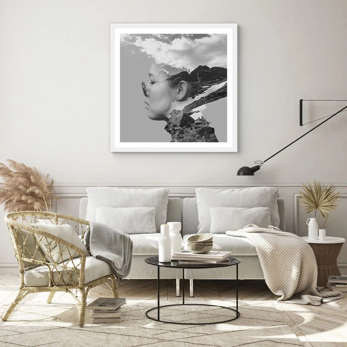 Affisch i vit ram - Huvud- och molnig porträtt - 60x60 cm