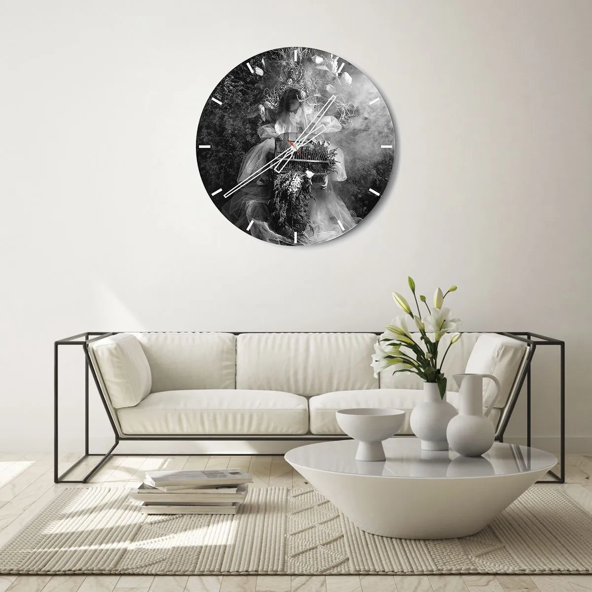 Väggklocka - Klocka på glas - Konstnärlig figur med en bur och en blommig komposition i röken - 30x30cm - Bara Moder - Natur - Modern väggdekoration för vardagsrum, kök och sovrum ARTTOR