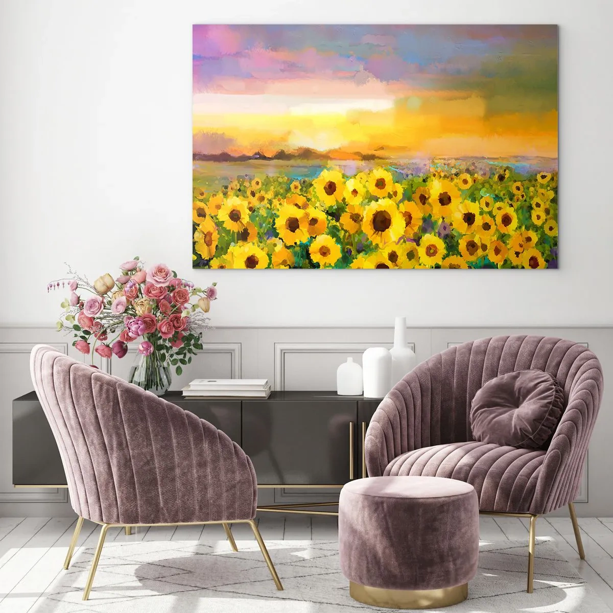 Glastavla - Bild på glas - Ett fält av solrosor i ljuset av den nedgående solen - 70x50cm - Själva solen gick ner på jorden - Modern väggdekoration för vardagsrum och sovrum ARTTOR