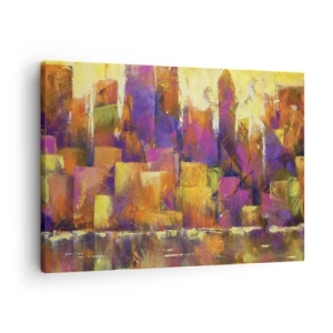 Canvastavla - Bild på duk - Abstrakt komposition av en metropol i nyanser av gult och lila - 70x50cm - Metropolis komposition - Modern väggdekoration för vardagsrum och sovrum ARTTOR