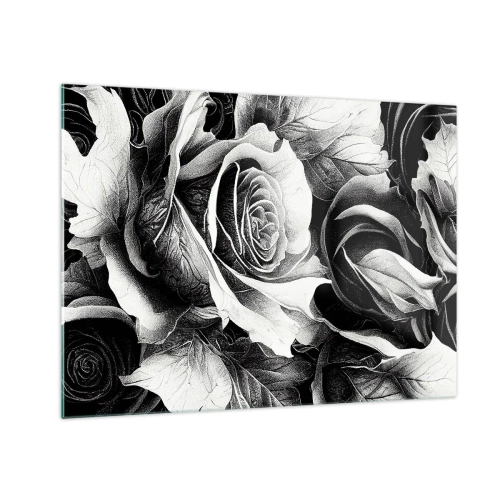 Glastavla - Bild på glas - Svartvitt rosblomsterarrangemang med detaljer - 70x50cm - Alltid drottningen - Modern väggdekoration för vardagsrum och sovrum ARTTOR