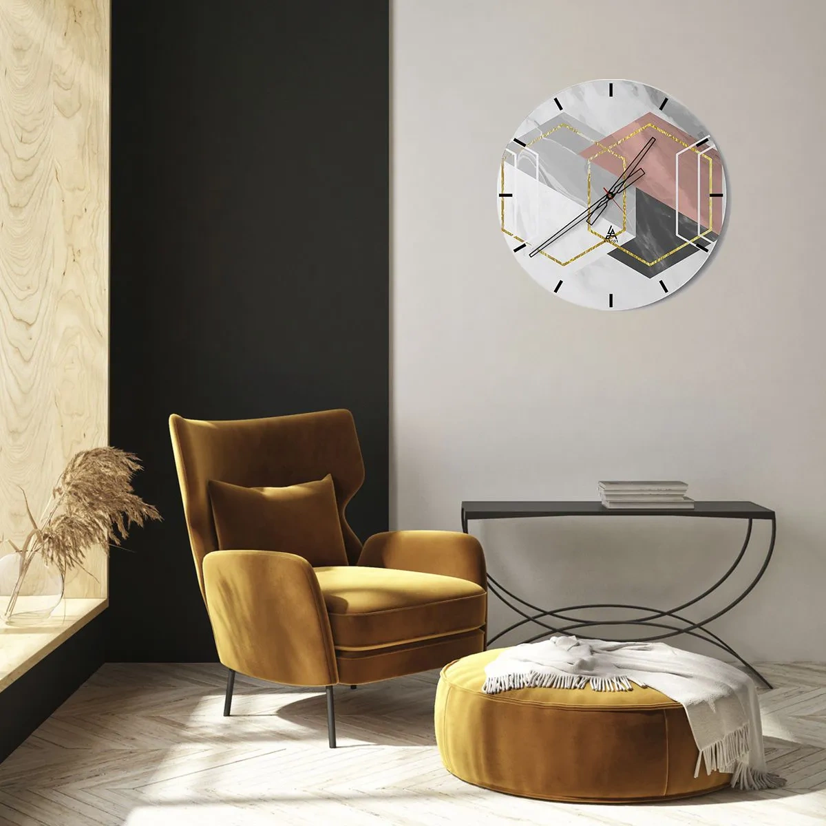 Väggklocka - Klocka på glas - Geometriska former med färgblock och guldlinjer - 30x30cm - Kedjekomposition - Modern väggdekoration för vardagsrum, kök och sovrum ARTTOR
