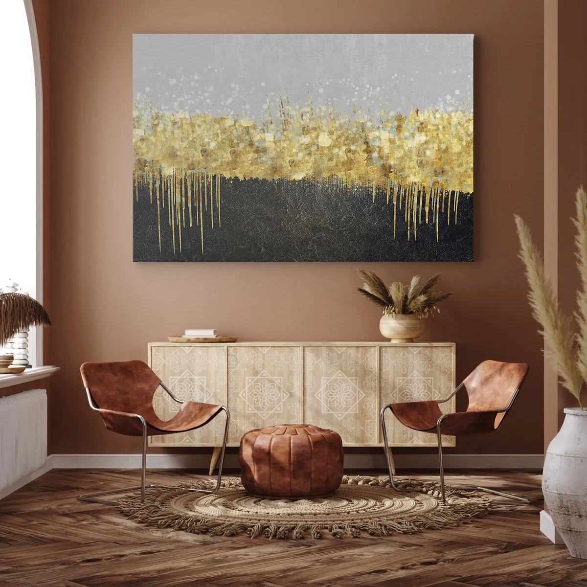 Canvastavla - Bild på duk - Abstrakt komposition i nyanser av guld och svart - 70x50cm - Inåt och uppåt - Modern väggdekoration för vardagsrum och sovrum ARTTOR