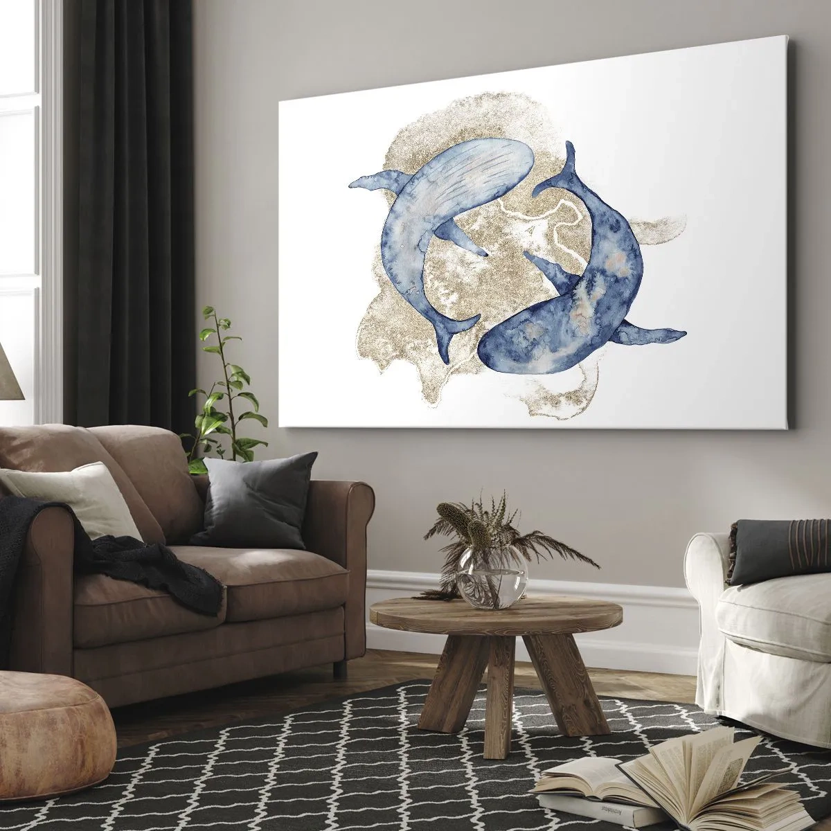 Canvastavla - Bild på duk - Abstrakta blåvalar på en ljus bakgrund - 70x50cm - Vänskap eller kärlek? - Modern väggdekoration för vardagsrum och sovrum ARTTOR