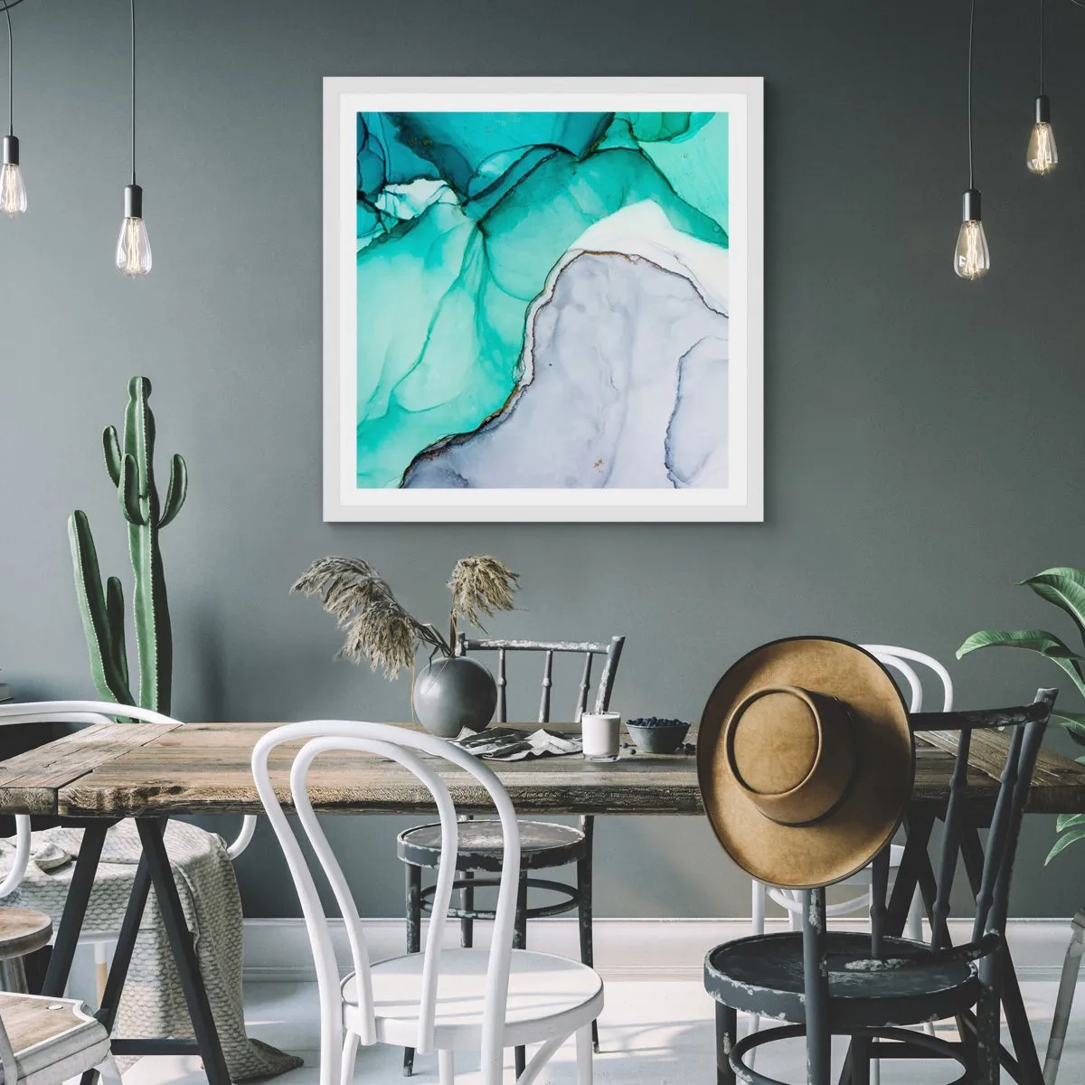 Affisch i vit ram - En studie i turkos - 50x50 cm