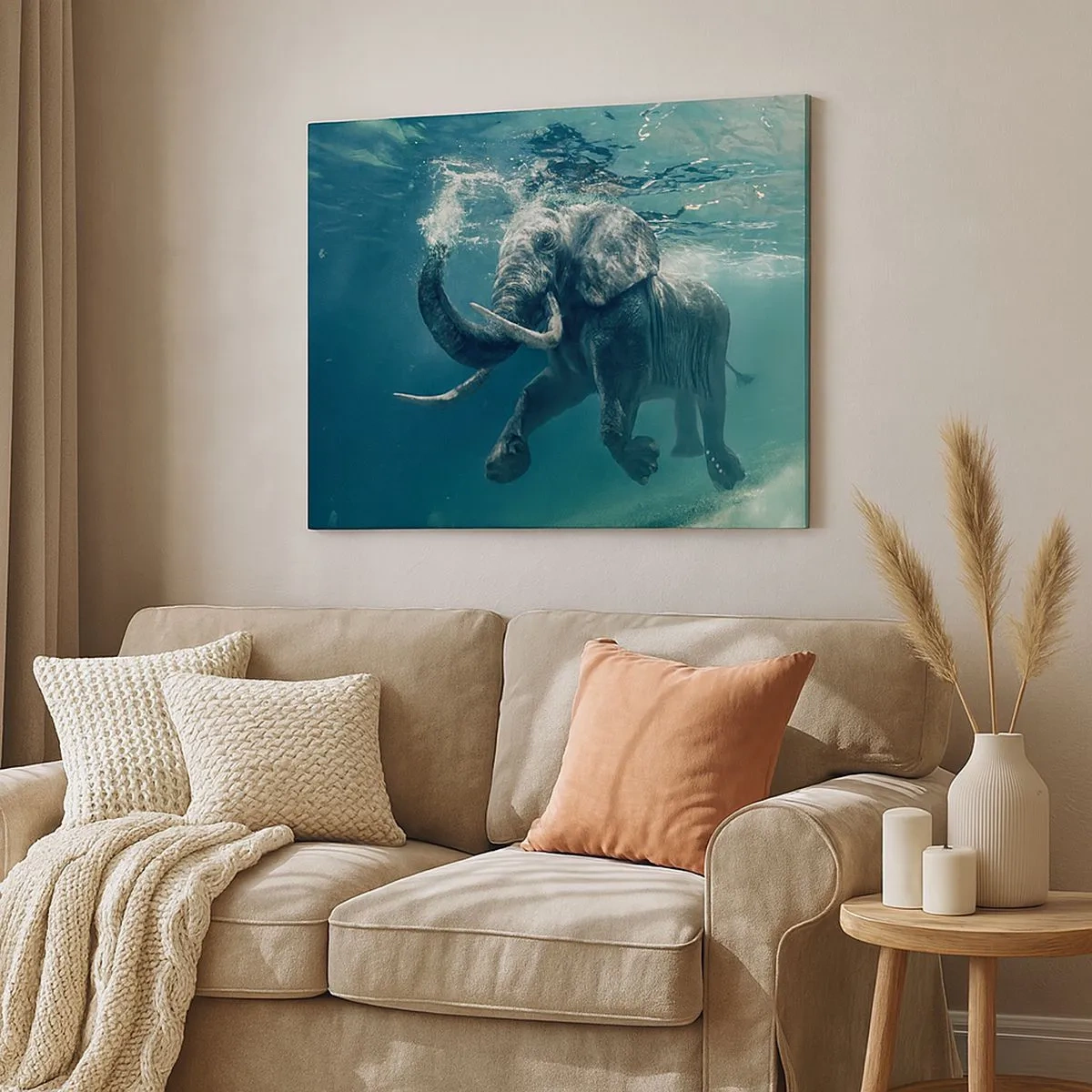 Canvastavla - Bild på duk - En elefant som simmar under vattnet i det turkosa djupet - 70x50cm - Alla tycker om att simma - Modern väggdekoration för vardagsrum och sovrum ARTTOR