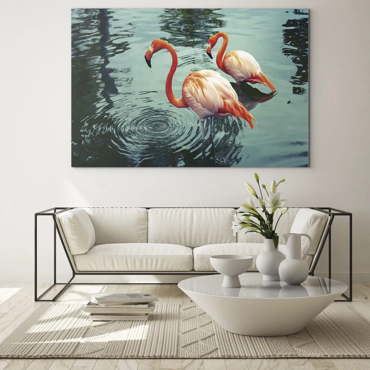 Glastavla - Bild på glas - Flamingos på vattnet i en harmonisk komposition - 70x50cm - Nu är vi på modet - Modern väggdekoration för vardagsrum och sovrum ARTTOR