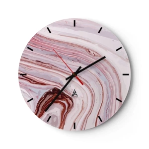 Väggklocka - Klocka på glas - Abstrakta vågor i nyanser av rosa och rött mot en ljus bakgrund - 30x30cm - Rakt fram, sedan neråt åt höger - Modern väggdekoration för vardagsrum, kök och sovrum ARTTOR