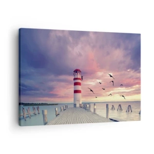 Canvastavla - Bild på duk - En fyr på piren omgiven av en pittoresk solnedgång - 70x50cm - Dags att bege sig till hamnen - Modern väggdekoration för vardagsrum och sovrum ARTTOR