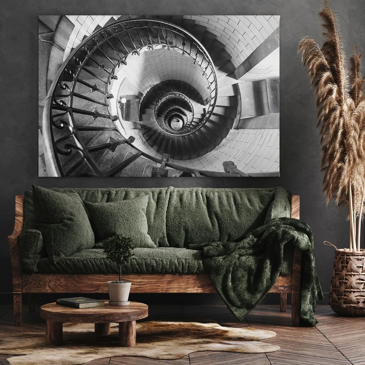 Canvastavla - Bild på duk - Svartvitt fotografi av en spiraltrappa med ett toppperspektiv - 70x50cm - Högre och högre - Modern väggdekoration för vardagsrum och sovrum ARTTOR