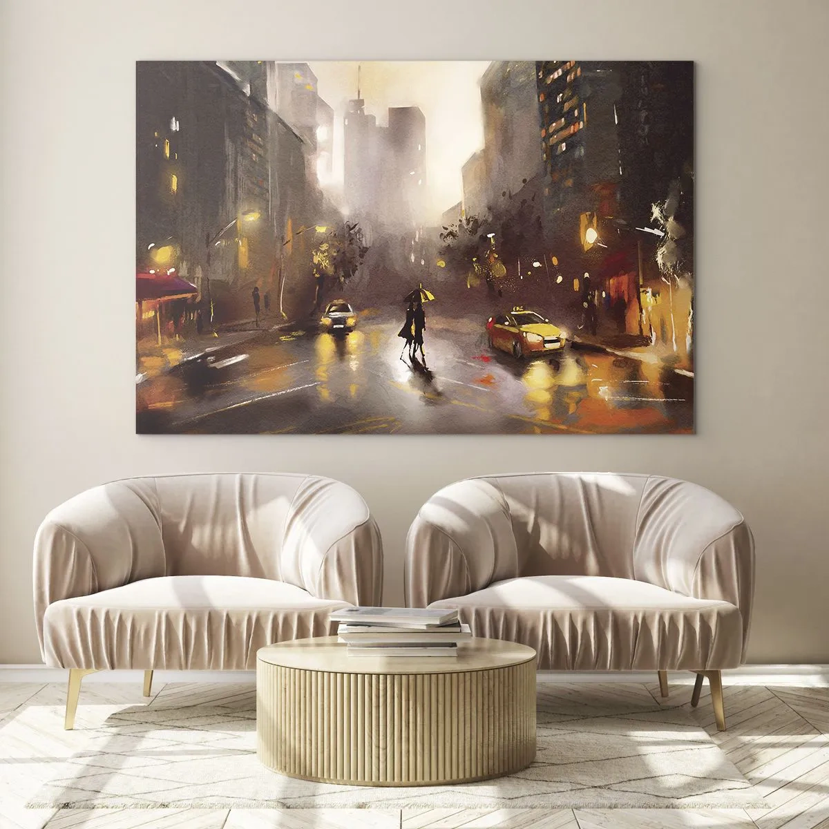 Glastavla - Bild på glas - Stad på natten i regnet med taxibilar och silhuetten av ett par - 70x50cm - I New Yorks ljus - Modern väggdekoration för vardagsrum och sovrum ARTTOR