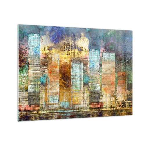 Glastavla - Bild på glas - Färgglatt abstrakt panorama av stadens skyskrapor i konstnärlig stil - 70x50cm - Solig metropol - Modern väggdekoration för vardagsrum och sovrum ARTTOR