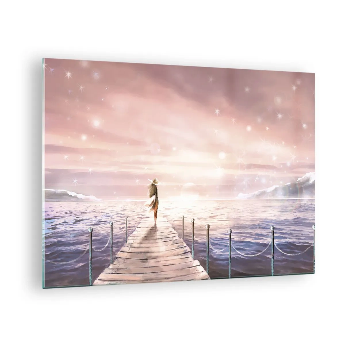 Glastavla - Bild på glas - Kvinna på piren vid solnedgången - 70x50cm - I drömmens ljus - Modern väggdekoration för vardagsrum och sovrum ARTTOR