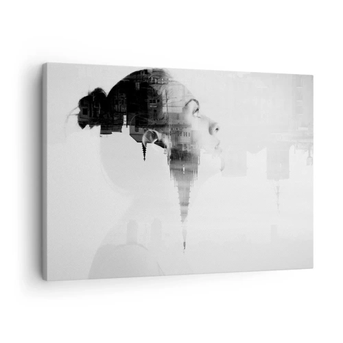 Canvastavla - Bild på duk - Porträtt av en kvinna med konturerna av en stad i bakgrunden, svarta och vita färger - 70x50cm - På rutans båda sidor - Modern väggdekoration för vardagsrum och sovrum ARTTOR