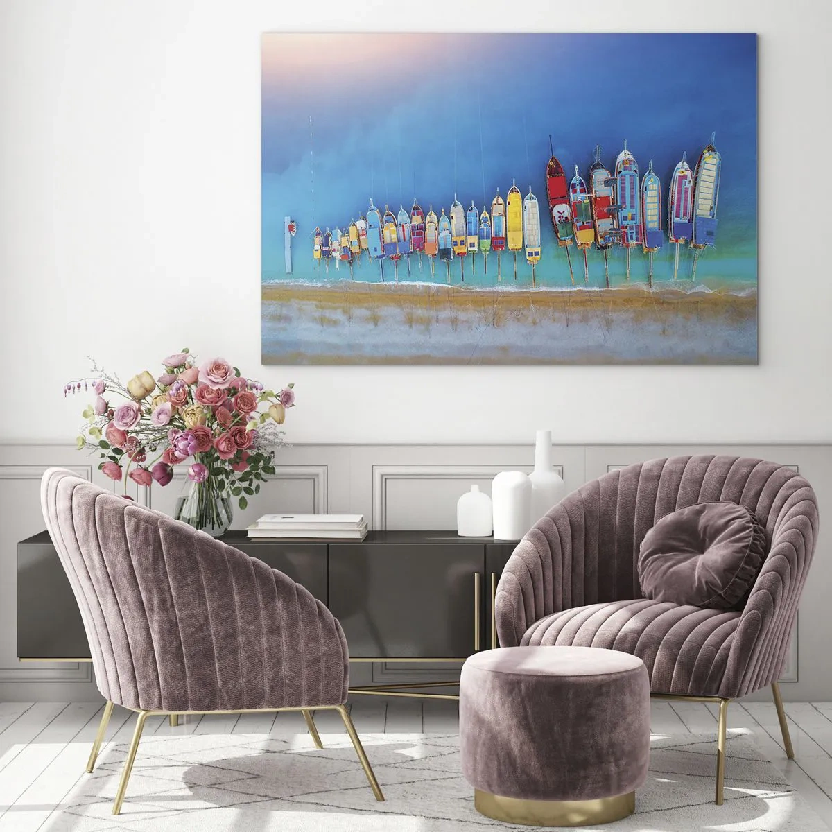 Glastavla - Bild på glas - Färgglada båtar på stranden av det turkosa havet - 70x50cm - Ur fågelperspektivet - Modern väggdekoration för vardagsrum och sovrum ARTTOR