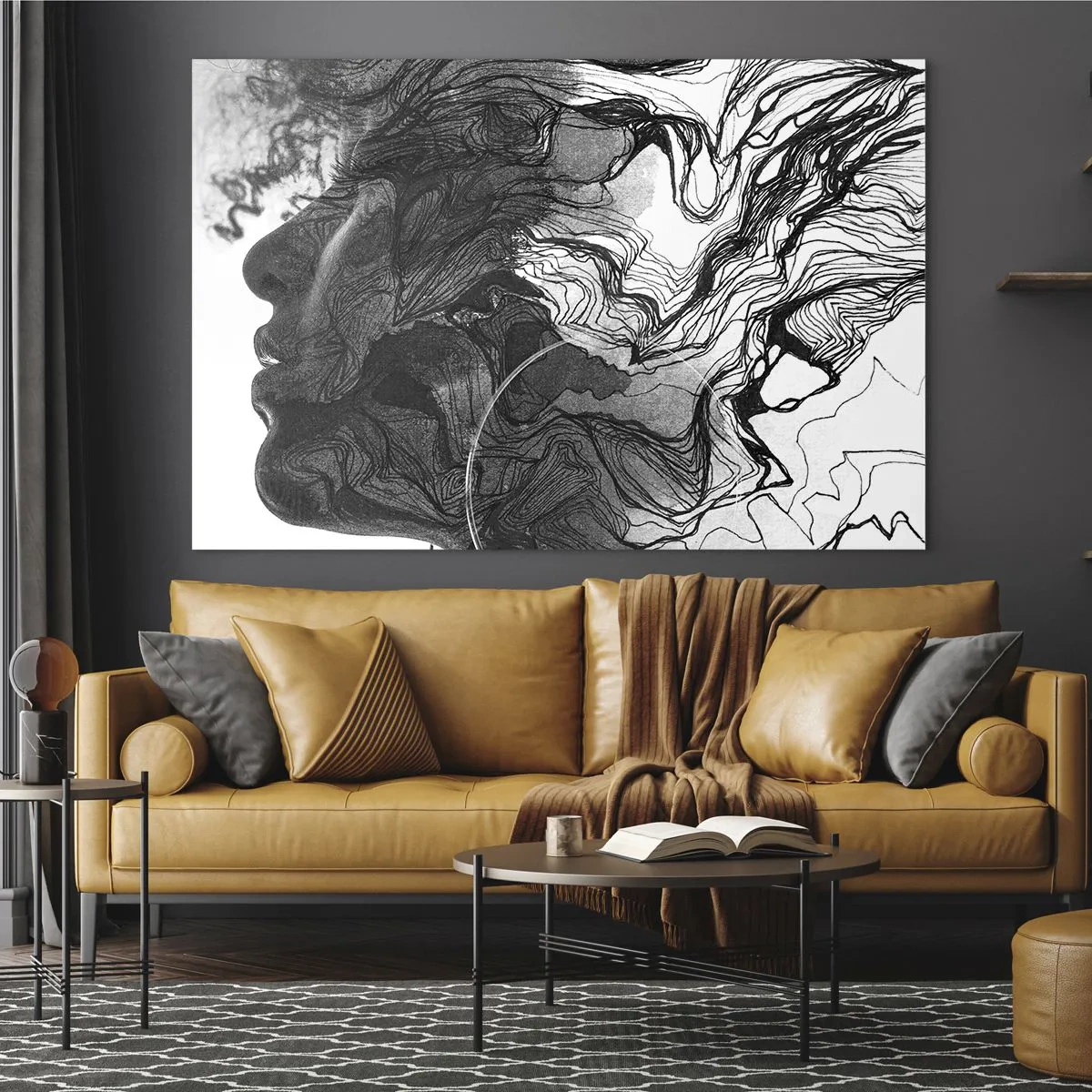 Glastavla - Bild på glas - Svartvit silhuett av en kvinna med abstrakta linjer - 70x50cm - Tilltrasslad i drömmarna - Modern väggdekoration för vardagsrum och sovrum ARTTOR
