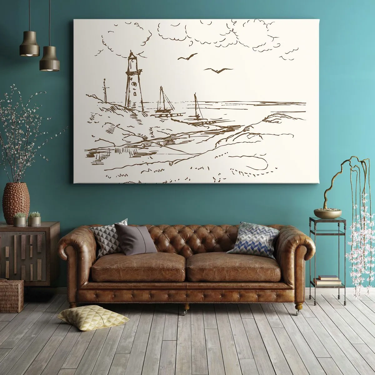 Canvastavla - Bild på duk - Skiss av en fyr med utsikt över havet - 70x50cm - Sommarminnets kontur - Modern väggdekoration för vardagsrum och sovrum ARTTOR