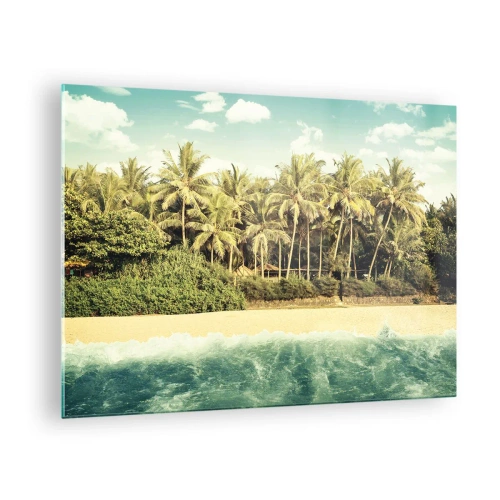 Glastavla - Bild på glas - En exotisk strand med palmer och ett turkost hav på en solig dag - 70x50cm - Kanske här? - Modern väggdekoration för vardagsrum och sovrum ARTTOR