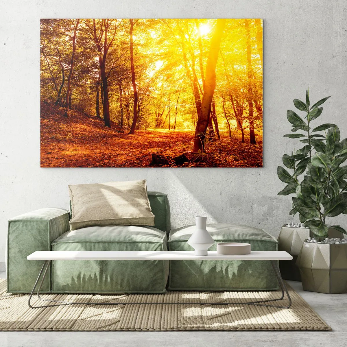 Glastavla - Bild på glas - Höstskog upplyst av solens varma sken - 70x50cm - Mot guldgläntan - Modern väggdekoration för vardagsrum och sovrum ARTTOR