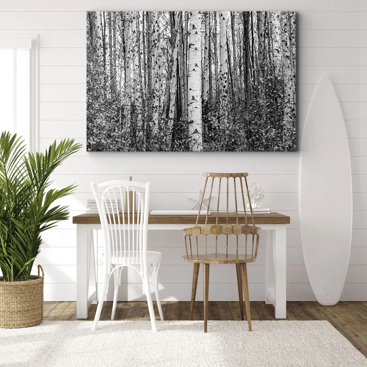 Canvastavla - Bild på duk - Svartvita björkar i skogen - 70x50cm - Björkpelargång - Modern väggdekoration för vardagsrum och sovrum ARTTOR