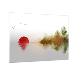 Glastavla - Bild på glas - Röd sol över vattnet och skogskonturerna - 70x50cm - Ett löfte om lugn - Modern väggdekoration för vardagsrum och sovrum ARTTOR