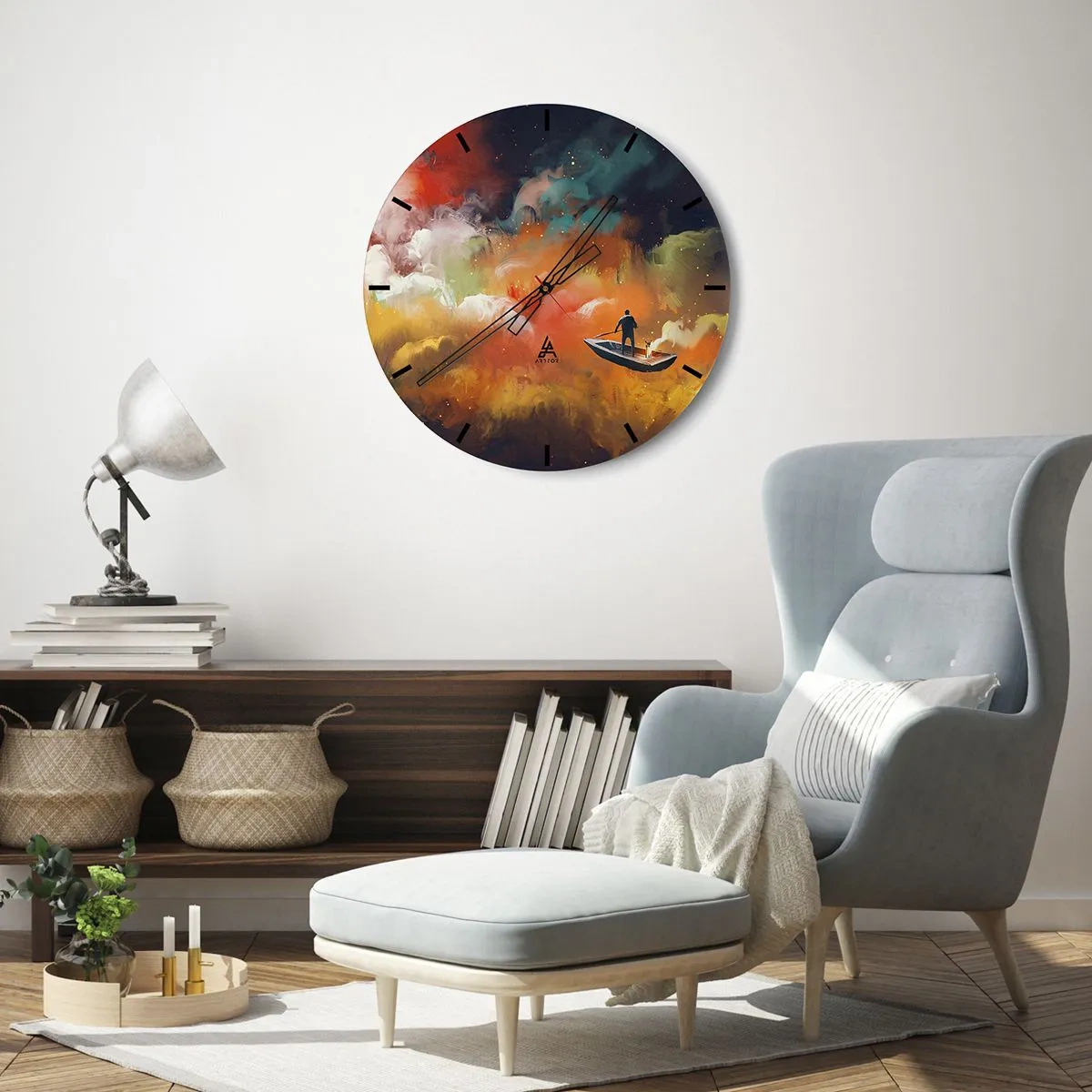 Väggklocka - Klocka på glas - En figur på en båt i ett surrealistiskt, färgstarkt landskap - 30x30cm - I båten genom galaxen - Modern väggdekoration för vardagsrum, kök och sovrum ARTTOR