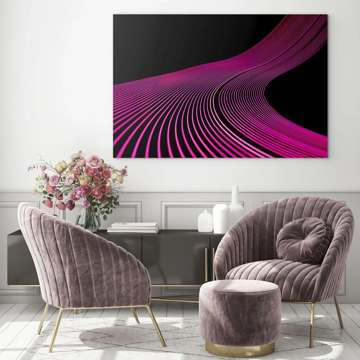 Glastavla - Bild på glas - Rosa ljusa linjer på svart bakgrund - 70x50cm - Ljusets allé - Modern väggdekoration för vardagsrum och sovrum ARTTOR